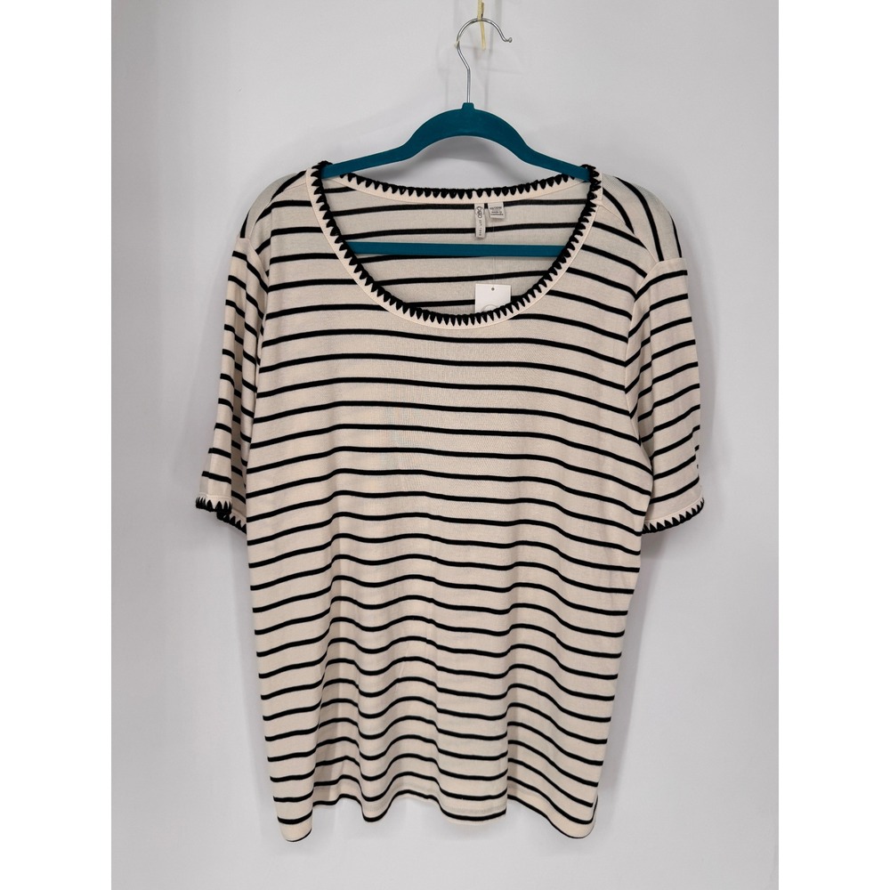 Cato Top Women 18/20W Cream Black NWT Striped Crochet Trim Short Sleeve
